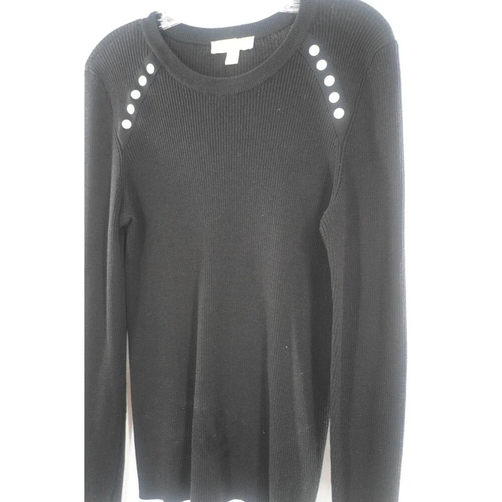 Michael Kors Black Ribbed Knit Sweater w/ Pearlized Buttons Long Sleeve Size XL